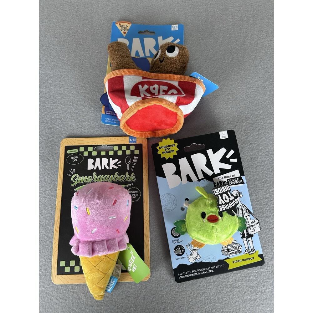 Bark New Dog Toys Slobbery Ice Cream, Piper Parrot, Sunday Funday Set of 3